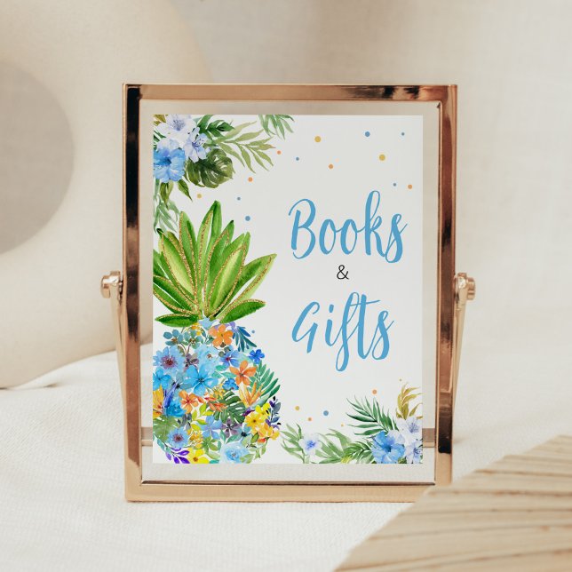 Floral Blue Pineapple Baby Shower Books and Gifts Poster (Blue Gold Pineapple Baby Shower Books and Gifts Sign)