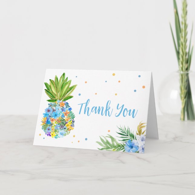 Floral Blue Pineapple Baby Shower  Thank You Card (Front)