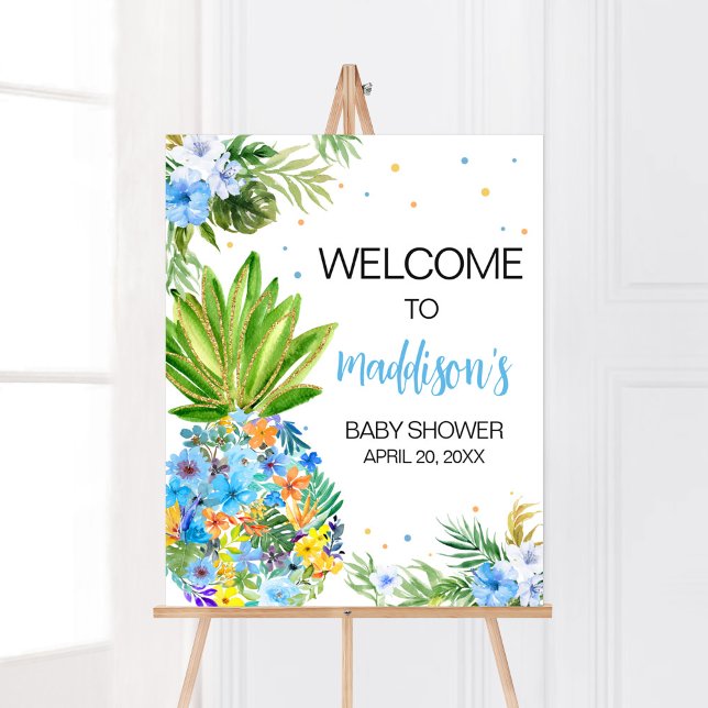 Floral Blue Pineapple Baby Shower Welcome Poster (Blue Gold Pineapple Baby Shower Welcome Sign)