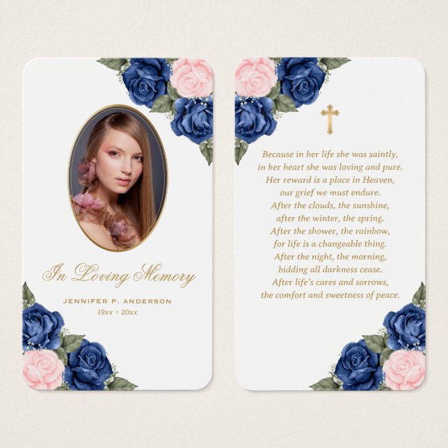 Floral Blue Pink Gold Floral Funeral Prayer Card (Front & Back)