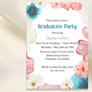 Floral Blue & Pink Graduation Invitation
