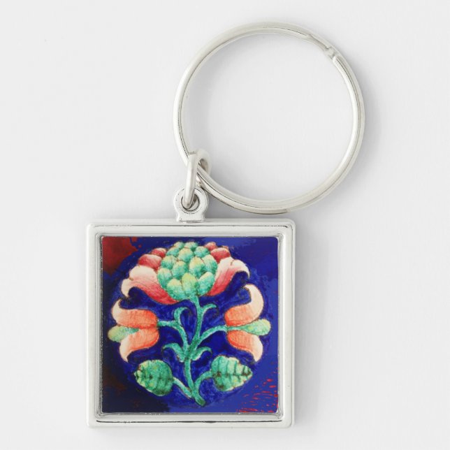 FLORAL , blue pink green Key Ring (Front)