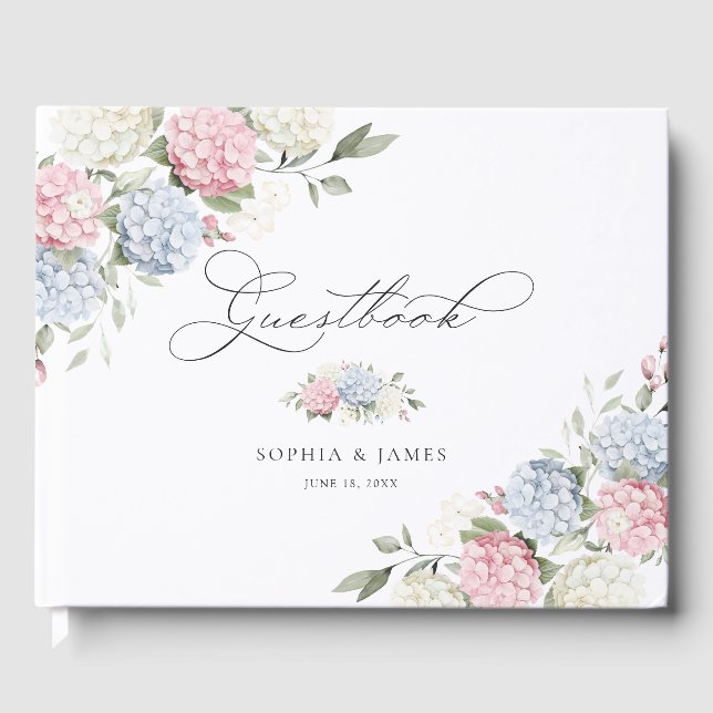 Floral Blue Pink Hydrangea Greenery Wedding Guest Book (Front)