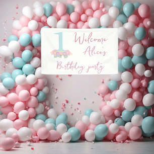 Floral blue, pink pastel 1st Birthday party Banner