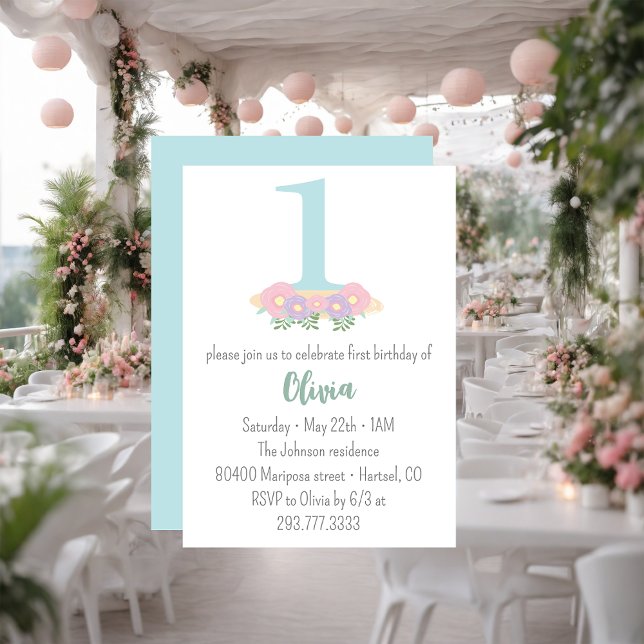 Floral blue, pink pastel 1st Birthday party   Invitation (Creator Uploaded)
