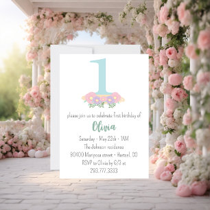Floral blue, pink pastel 1st Birthday party Invitation