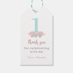 Floral blue, pink pastel 1st Birthday Thank you  Gift Tags