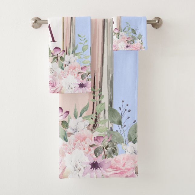 Floral Blue Pink Perfume Bottle Pretty   Bath Towel Set (Insitu)