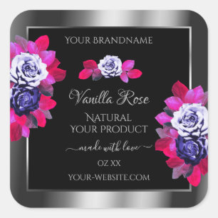 Floral Blue Pink Roses Product Labels Black Silver