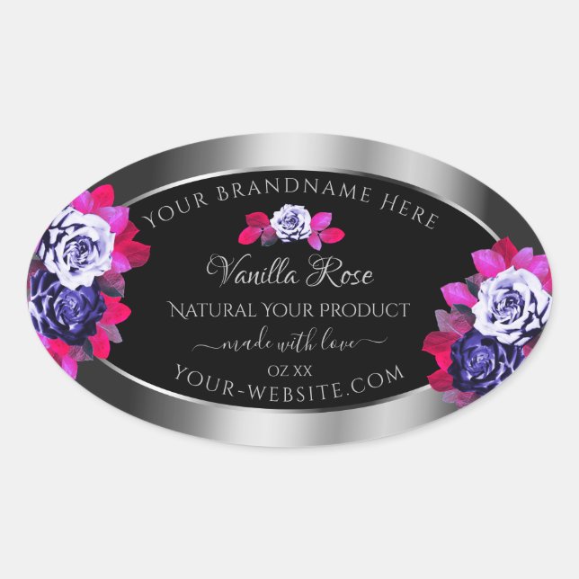 Floral Blue Pink Roses Product Labels Black Silver (Front)
