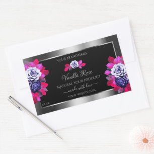Floral Blue Pink Roses Product Labels Black Silver