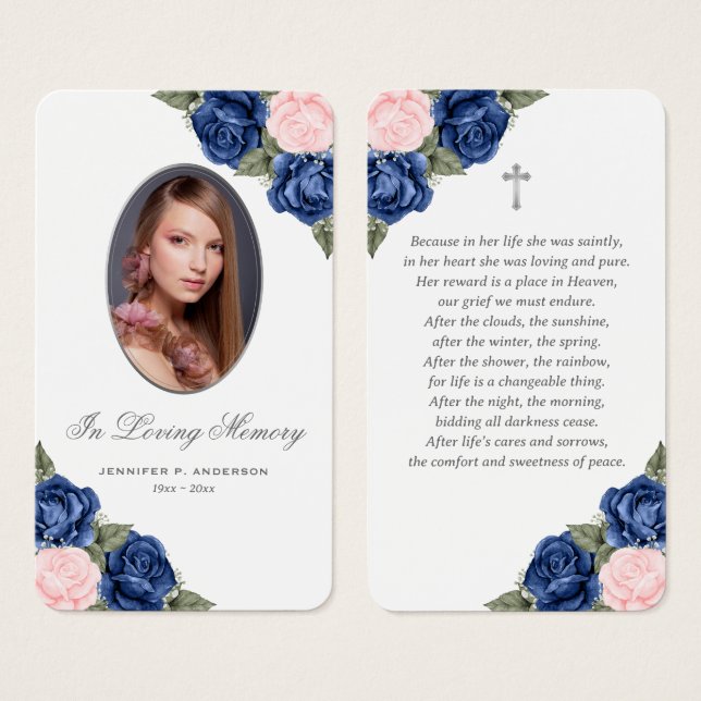Floral Blue Pink Silver Floral Funeral Prayer Card (Front & Back)