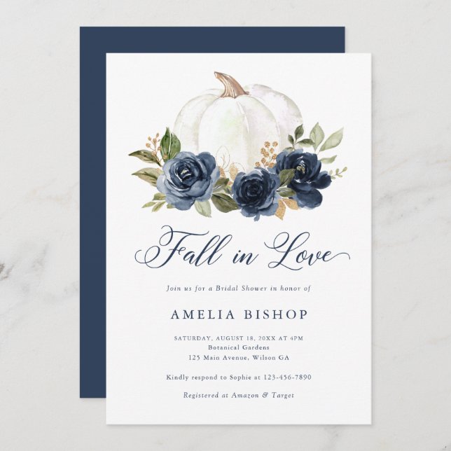 Floral Blue Pumpkin Fall in Love Bridal Shower Invitation (Front/Back)