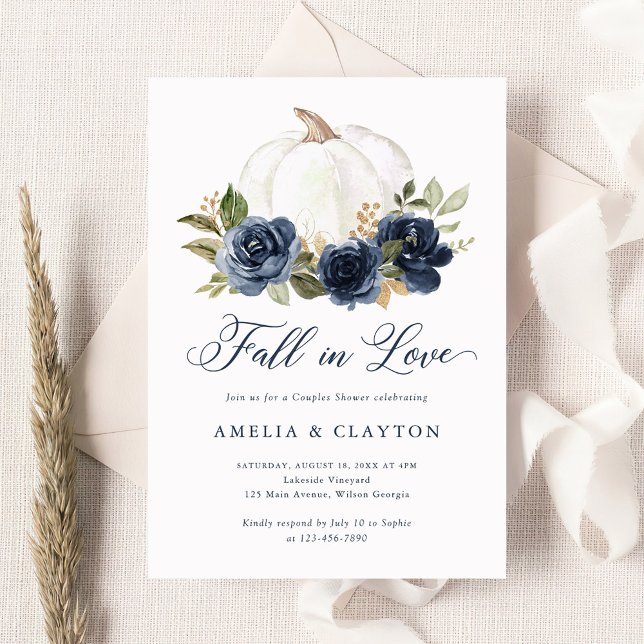 Floral Blue Pumpkin Fall in Love Couple Shower Invitation (Creator Uploaded)