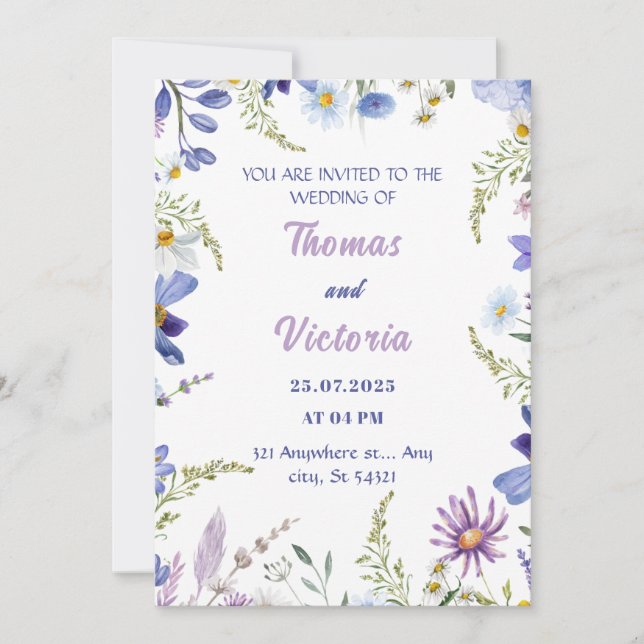 Floral Blue, purple, Green Modern Wedding Invitation (Front)