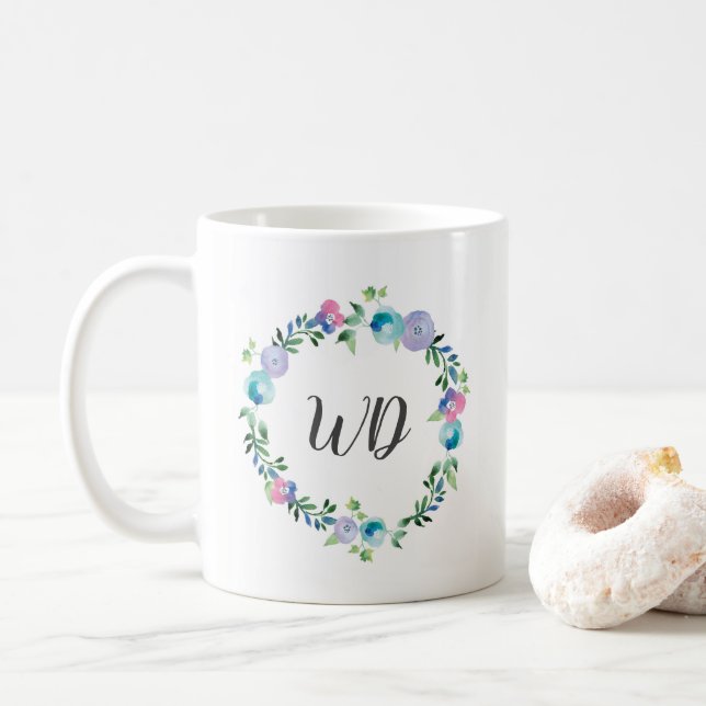 Floral blue purple wreath watercolor Monogram mug (With Donut)