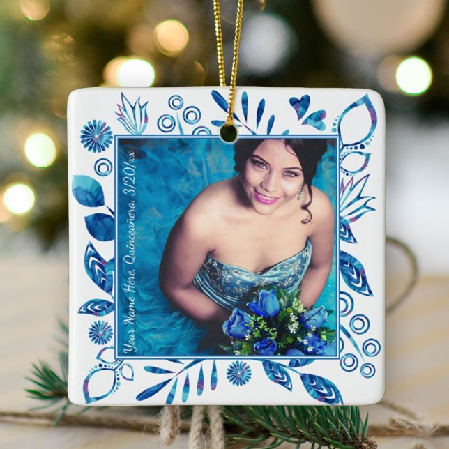 Floral Blue Quinceanera Christmas Photo Ornament (blue floral quinceanera photo ornament blue mis quince keepsake gift flowers hearts royal blue)