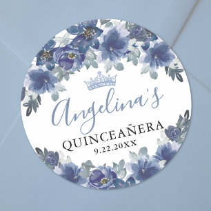 Floral Blue Quinceanera Classic Round Sticker