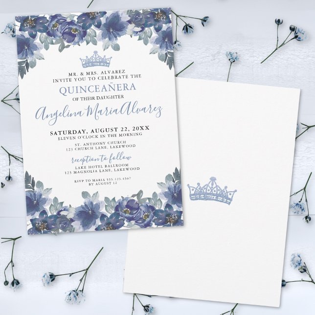 Floral Blue Quinceanera Invitation (Elegant Floral Blue Quinceanera Invitation)
