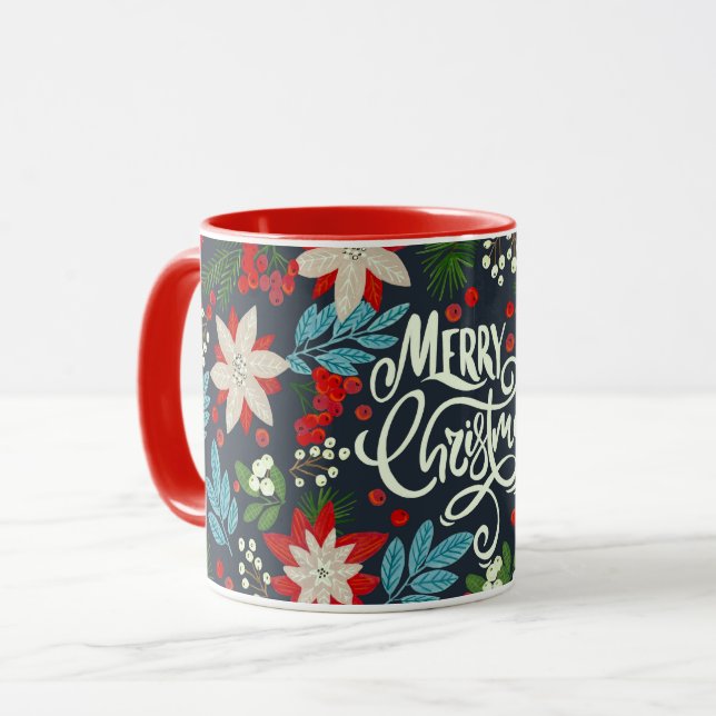 Floral blue red Christmas lettering Mug (Front Left)