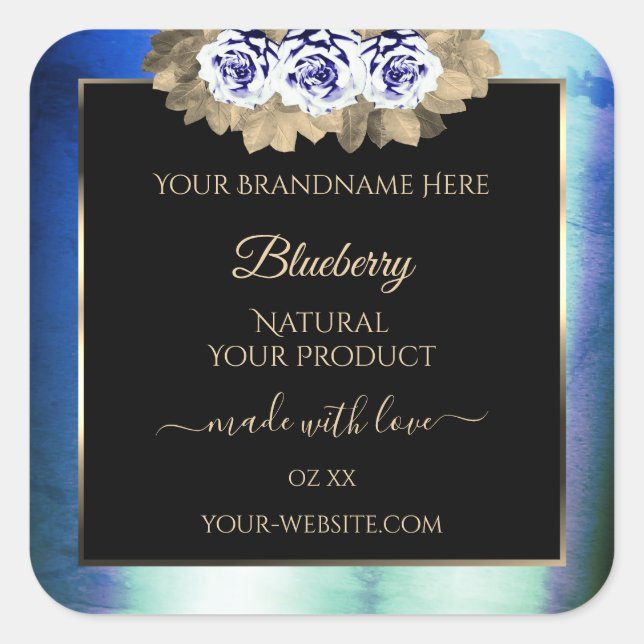 Floral Blue Roses Black Product Label Marble Frame (Front)
