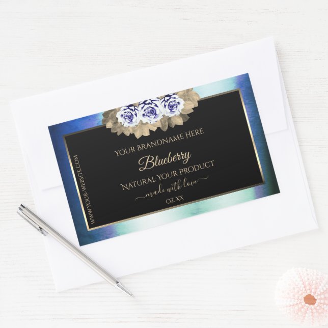 Floral Blue Roses Black Product Label Marble Frame (Envelope)