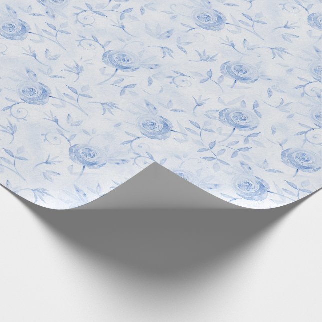 Floral Blue Roses Elegant Damask Wedding Wrapping Paper (Corner)