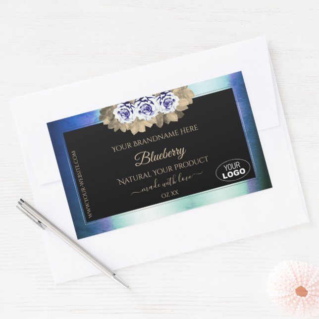 Floral Blue Roses Marble Product Labels Logo Black (Envelope)