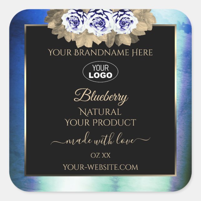 Floral Blue Roses Marble Product Labels Logo Black (Front)