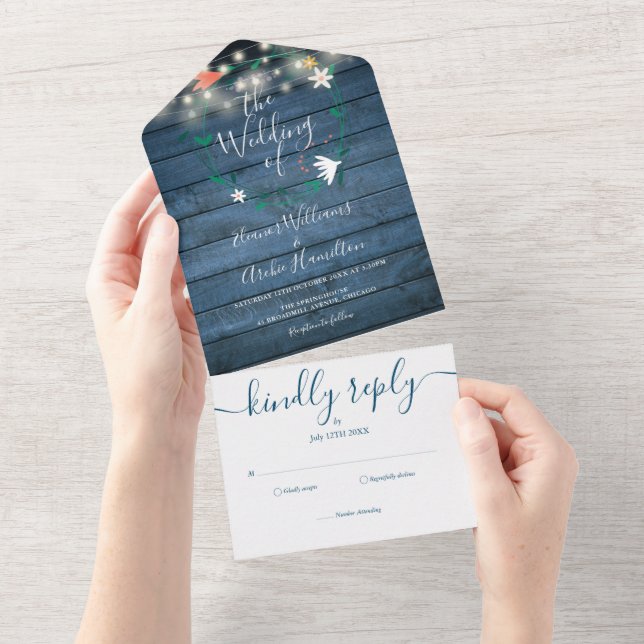 Floral Blue Rustic Wood String Lights Wedding  All In One Invitation (Tearaway)