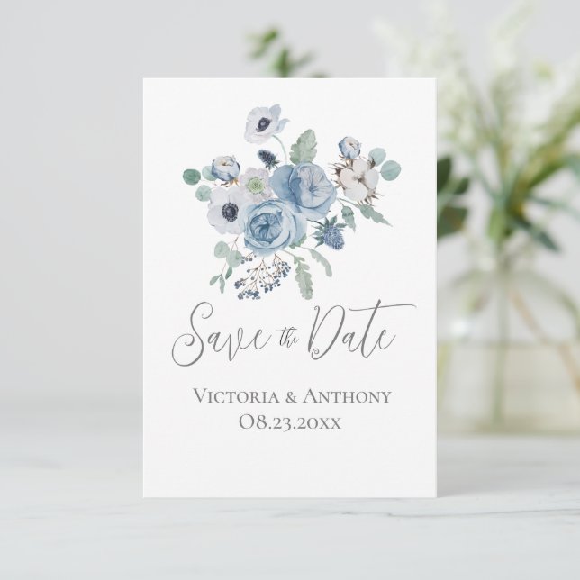 Floral Blue Script Modern Wedding Save the Date (Standing Front)
