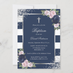 Floral Blue Silver Cross Elegant Baptism Invitation