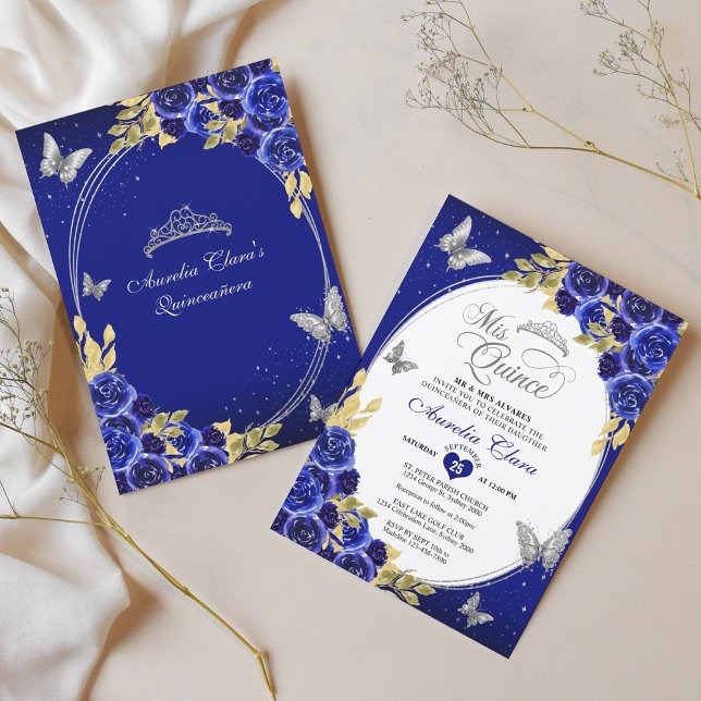 Floral Blue Silver Tiara Butterfly Mis Quinceañera Invitation (Creator Uploaded)