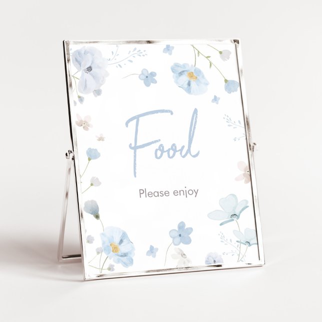 Floral Blue Spring Baby in Bloom Baby Shower Food Poster (Blue Spring Floral Baby in Bloom Baby Shower Food Sign)