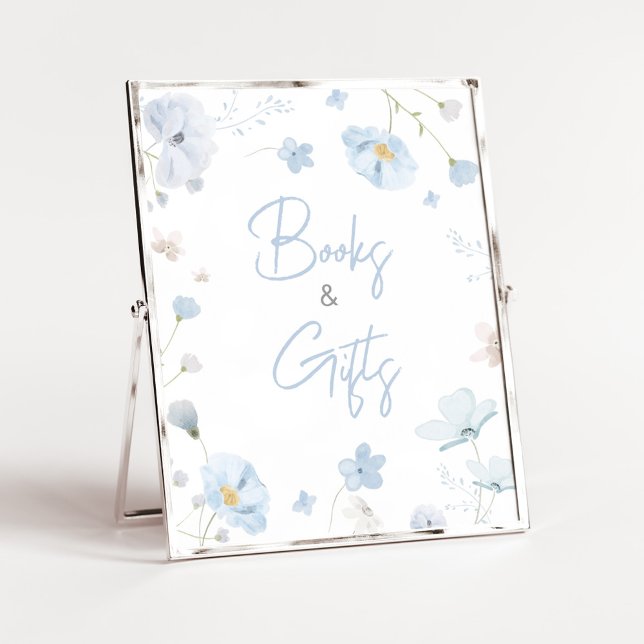 Floral Blue Spring Baby in Bloom Books and Gifts Poster (Blue Spring Floral Baby in Bloom Baby Shower Books and Gifts Sign)