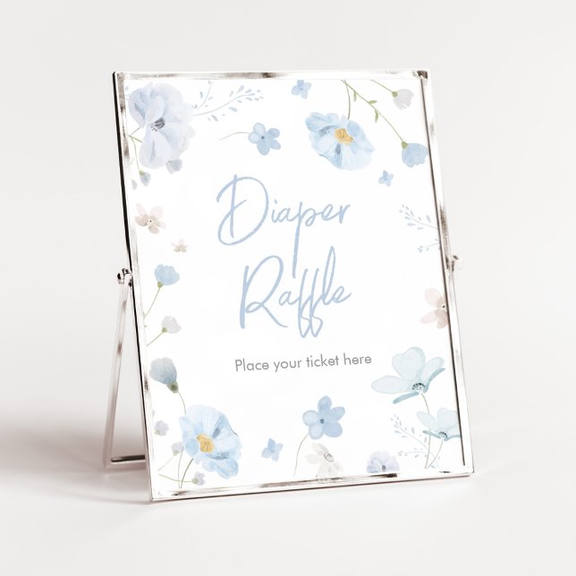 Floral Blue Spring Baby in Bloom Diaper Raffle Poster (Blue Spring Floral Baby in Bloom Baby Shower Diaper Raffle Sign)