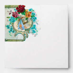 FLORAL BLUE STORK BABY SHOWER PINK ROSES FLOWERS ENVELOPES