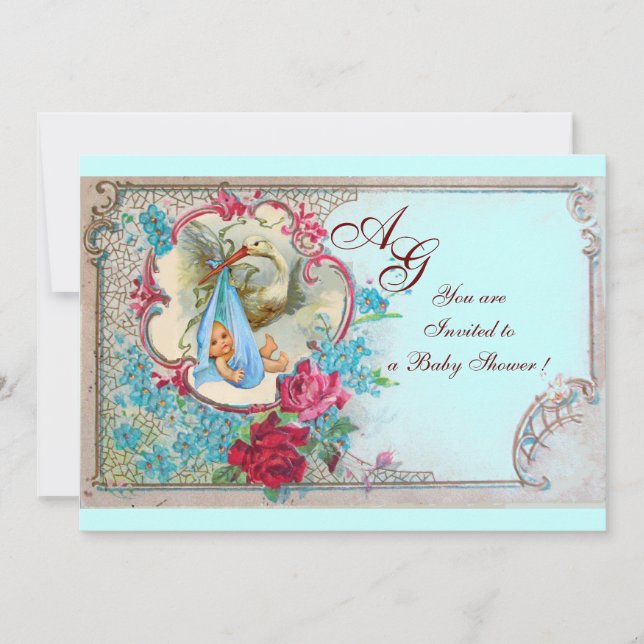 FLORAL BLUE STORK BOY BABY SHOWER ROSES,FLOWERS INVITATION (Front)