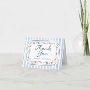 Floral Blue Stripes Wedding Thank You Cards
