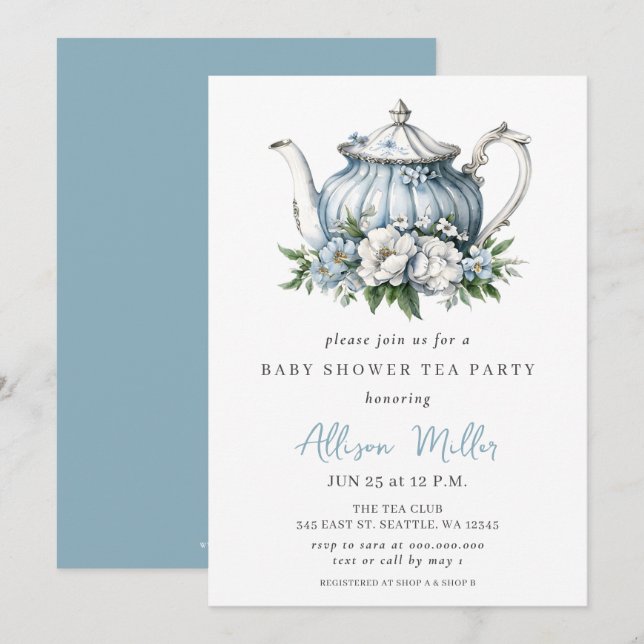 Floral Blue Tea Party Boy Baby Shower  Invitation (Front/Back)