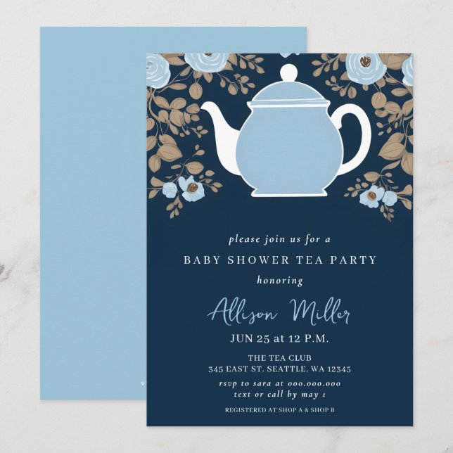 Floral Blue Tea Party Boy Baby Shower  Invitation (Front/Back)
