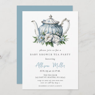 Floral Blue Tea Party Boy Baby Shower Invitation