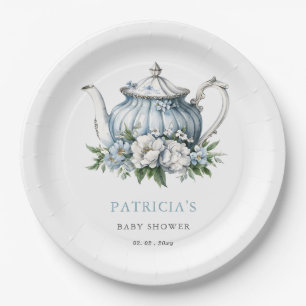 Floral Blue Tea Party Boy Baby Shower  Paper Plate