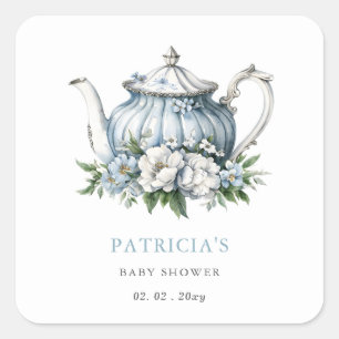 Floral Blue Tea Party Boy Baby Shower  Square Sticker