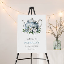 Floral Blue Tea Party Boy Baby Shower Welcome Sign