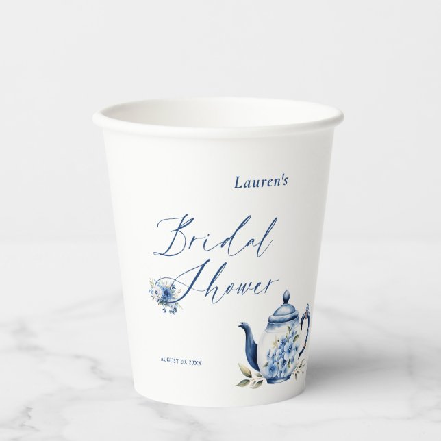 Floral Blue Tea Party Bridal Shower Welcome Paper Cups (Front)