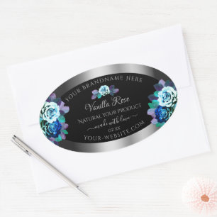 Floral Blue Teal Roses Product Labels Black Silver