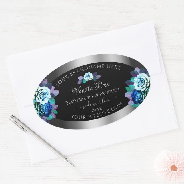 Floral Blue Teal Roses Product Labels Black Silver (Envelope)