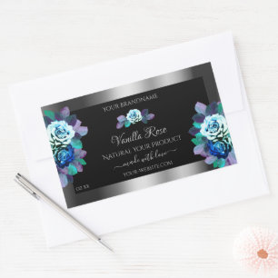 Floral Blue Teal Roses Product Labels Black Silver