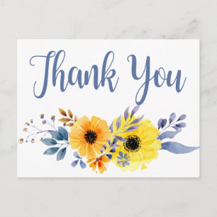 Floral Blue Thank You Yellow Watercolor Flowers Postcard